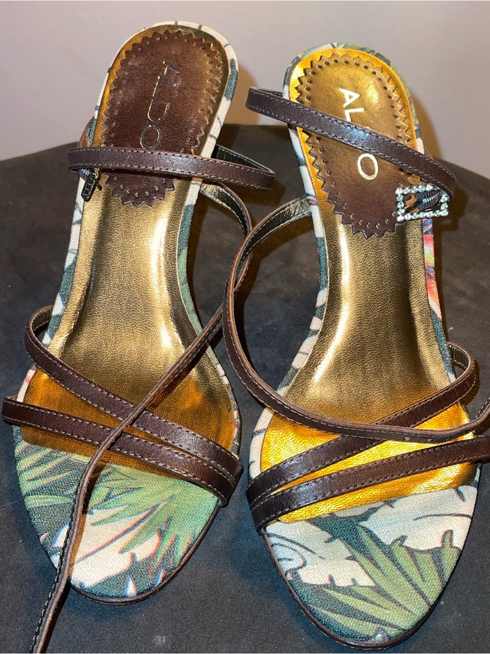 Aldo Brown Strappy Heeled Sandals with Tropical Print